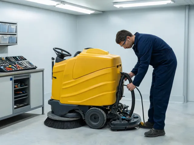Technician inspecting a floor scrubber squeegee assembly
