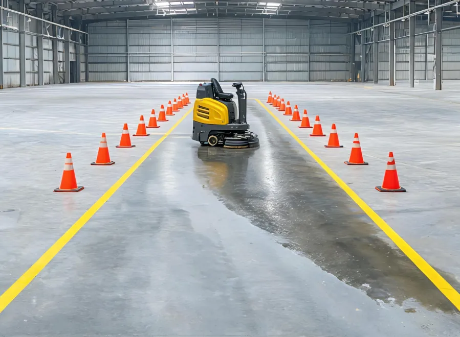 Marked floor trial lane for a ride-on scrubber