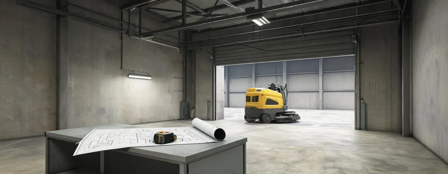 Industrial equipment consultation desk with floor plan and scrubber route notes