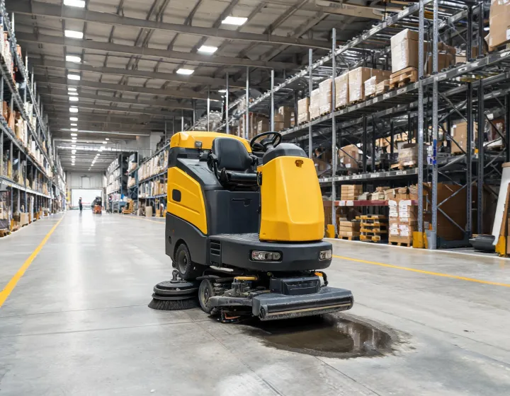 Ride-on Factory Cat floor scrubber following a marked route in a distribution center