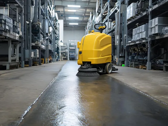 Walk-behind floor scrubber on a narrow production aisle