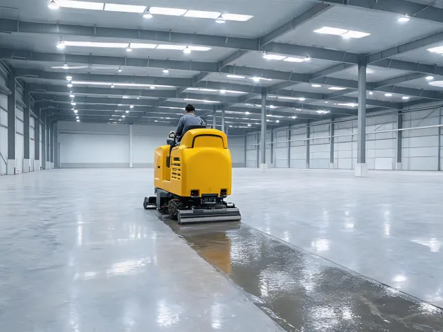 Ride-on scrubber crossing a wide warehouse floor