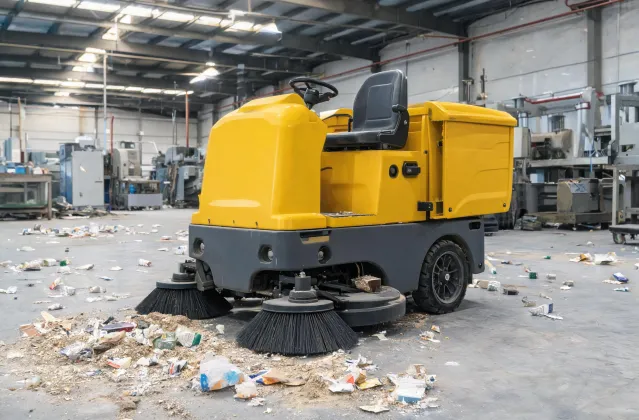 Sweeper collecting dry debris on a manufacturing floor