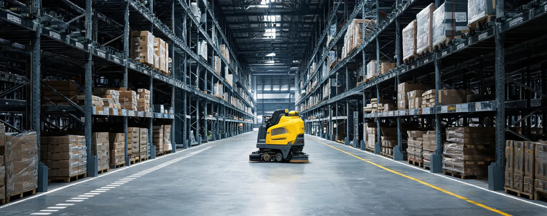 Industrial floor scrubber working between warehouse racking