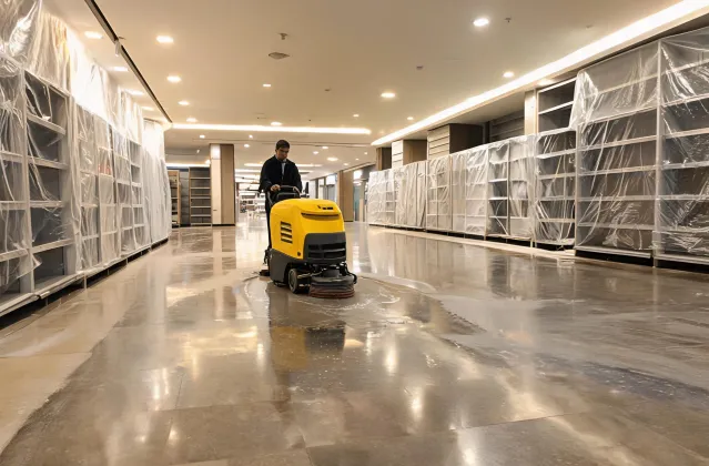 Walk-behind scrubber in a retail concourse