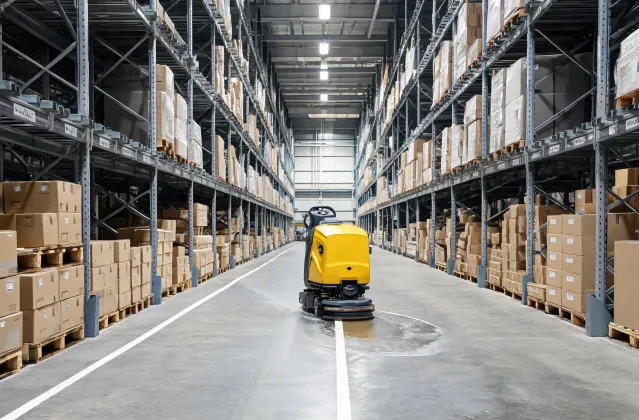 Scrubber cleaning a distribution center aisle