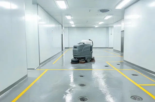 Floor scrubber in a food production support area