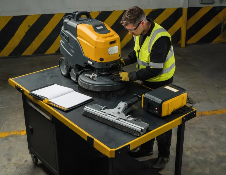 Technician reviewing a scrubber service record at a maintenance bench